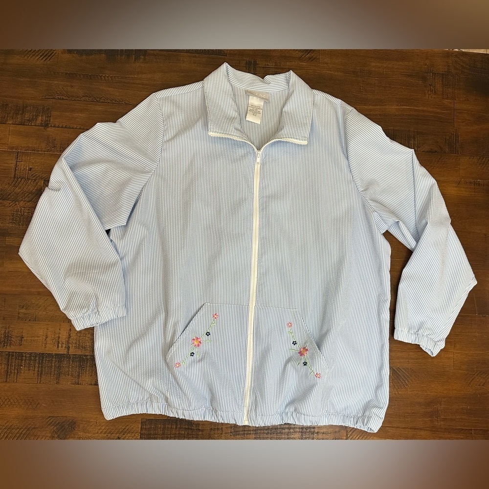 Blair Full Zip Seersucker Light Blue Striped Floral Jacket XLG‎